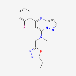 molecular formula C18H17FN6O B5291101 N-[(5-ethyl-1,3,4-oxadiazol-2-yl)methyl]-5-(2-fluorophenyl)-N-methylpyrazolo[1,5-a]pyrimidin-7-amine 