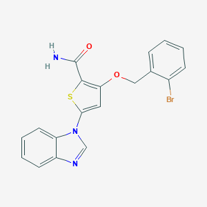 molecular formula C19H14BrN3O2S B529288 5-(1H-Benzo[d]imidazol-1-yl)-3-((2-bromobenzyl)oxy)thiophene-2-carboxamide 