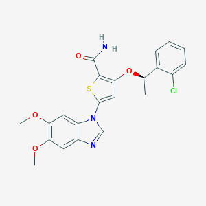 molecular formula C22H20ClN3O4S B529372 3-[(1R)-1-(2-chlorophenyl)ethoxy]-5-(5,6-dimethoxy-1H-1,3-benzodiazol-1-yl)thiophene-2-carboxamide 