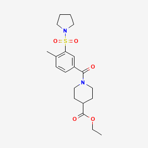molecular formula C20H28N2O5S B5312266 Ethyl 1-{[4-methyl-3-(pyrrolidin-1-ylsulfonyl)phenyl]carbonyl}piperidine-4-carboxylate 