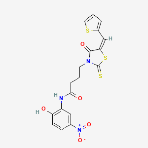 molecular formula C18H15N3O5S3 B5321723 N-(2-hydroxy-5-nitrophenyl)-4-[4-oxo-5-(2-thienylmethylene)-2-thioxo-1,3-thiazolidin-3-yl]butanamide 