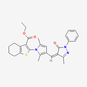 molecular formula C28H29N3O3S B5327961 ethyl 2-{2,5-dimethyl-3-[(Z)-(3-methyl-5-oxo-1-phenyl-1,5-dihydro-4H-pyrazol-4-ylidene)methyl]-1H-pyrrol-1-yl}-4,5,6,7-tetrahydro-1-benzothiophene-3-carboxylate 