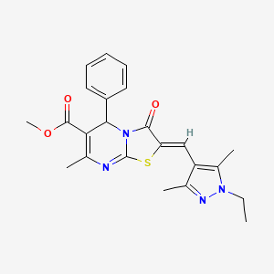 molecular formula C23H24N4O3S B5330810 METHYL 2-[(Z)-1-(1-ETHYL-3,5-DIMETHYL-1H-PYRAZOL-4-YL)METHYLIDENE]-7-METHYL-3-OXO-5-PHENYL-5H-[1,3]THIAZOLO[3,2-A]PYRIMIDINE-6(3H)-CARBOXYLATE 