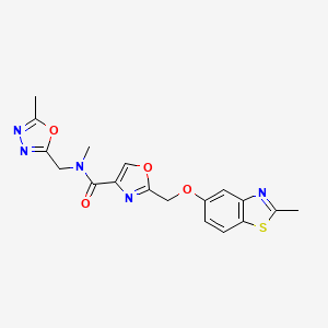 molecular formula C18H17N5O4S B5338359 N-methyl-2-{[(2-methyl-1,3-benzothiazol-5-yl)oxy]methyl}-N-[(5-methyl-1,3,4-oxadiazol-2-yl)methyl]-1,3-oxazole-4-carboxamide 
