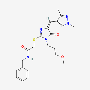 molecular formula C22H27N5O3S B5340490 N-benzyl-2-{[4-[(1,3-dimethyl-1H-pyrazol-4-yl)methylene]-1-(3-methoxypropyl)-5-oxo-4,5-dihydro-1H-imidazol-2-yl]thio}acetamide 