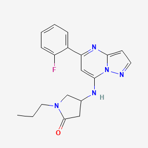 molecular formula C19H20FN5O B5342018 4-{[5-(2-fluorophenyl)pyrazolo[1,5-a]pyrimidin-7-yl]amino}-1-propyl-2-pyrrolidinone 