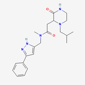 molecular formula C21H29N5O2 B5347356 N-methyl-2-[1-(2-methylpropyl)-3-oxopiperazin-2-yl]-N-[(3-phenyl-1H-pyrazol-5-yl)methyl]acetamide 