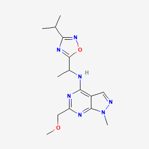 molecular formula C15H21N7O2 B5354323 N-[1-(3-isopropyl-1,2,4-oxadiazol-5-yl)ethyl]-6-(methoxymethyl)-1-methyl-1H-pyrazolo[3,4-d]pyrimidin-4-amine 