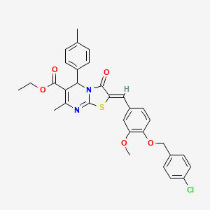molecular formula C32H29ClN2O5S B5363180 ethyl (2Z)-2-[[4-[(4-chlorophenyl)methoxy]-3-methoxyphenyl]methylidene]-7-methyl-5-(4-methylphenyl)-3-oxo-5H-[1,3]thiazolo[3,2-a]pyrimidine-6-carboxylate 