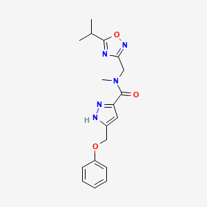 molecular formula C18H21N5O3 B5364858 N-[(5-isopropyl-1,2,4-oxadiazol-3-yl)methyl]-N-methyl-5-(phenoxymethyl)-1H-pyrazole-3-carboxamide 