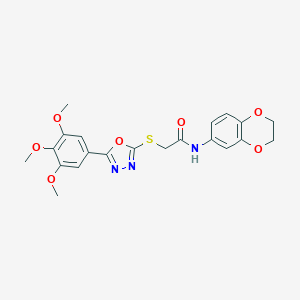 molecular formula C21H21N3O7S B536827 N-(2,3-dihydro-1,4-benzodioxin-6-yl)-2-{[5-(3,4,5-trimethoxyphenyl)-1,3,4-oxadiazol-2-yl]sulfanyl}acetamide 