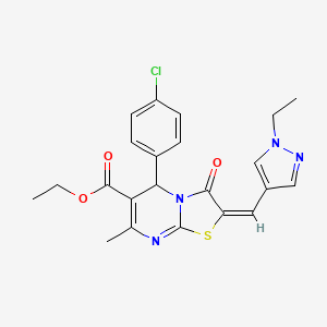 molecular formula C22H21ClN4O3S B5368270 ETHYL 5-(4-CHLOROPHENYL)-2-[(E)-1-(1-ETHYL-1H-PYRAZOL-4-YL)METHYLIDENE]-7-METHYL-3-OXO-2,3-DIHYDRO-5H-[1,3]THIAZOLO[3,2-A]PYRIMIDINE-6-CARBOXYLATE 