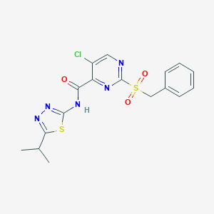 molecular formula C17H16ClN5O3S2 B536850 2-benzylsulfonyl-5-chloro-N-(5-isopropyl-1,3,4-thiadiazol-2-yl)pyrimidine-4-carboxamide 