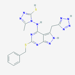molecular formula C17H16N12S2 B537763 4-[[6-苄硫基-3-(2H-四唑-5-基甲基)-2H-吡唑并[3,4-d]嘧啶-4-基]氨基]-5-甲基-1,2,4-三唑-3-硫醇 
