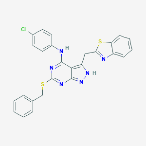 molecular formula C26H19ClN6S2 B537764 6-Benzylthio-4-(p-chlorophenyl)amino-3-(benzothiazol-2-yl)me thylene pyrazolo[3,4-d]pyrimidine 