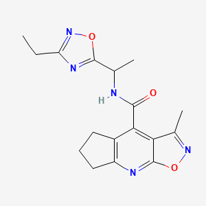molecular formula C17H19N5O3 B5388273 N-[1-(3-ethyl-1,2,4-oxadiazol-5-yl)ethyl]-3-methyl-6,7-dihydro-5H-cyclopenta[b]isoxazolo[4,5-e]pyridine-4-carboxamide 