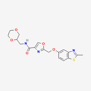 molecular formula C18H19N3O5S B5389374 N-(1,4-dioxan-2-ylmethyl)-2-{[(2-methyl-1,3-benzothiazol-5-yl)oxy]methyl}-1,3-oxazole-4-carboxamide 
