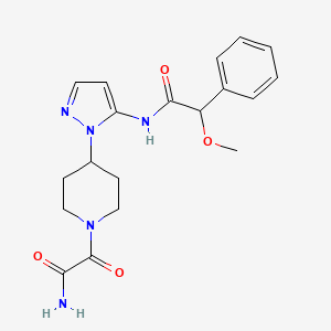 molecular formula C19H23N5O4 B5392464 N-(1-{1-[amino(oxo)acetyl]piperidin-4-yl}-1H-pyrazol-5-yl)-2-methoxy-2-phenylacetamide 