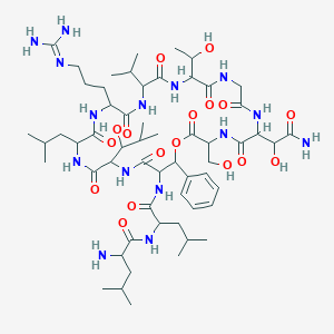2-amino-N-[1-[[6-(2-amino-1-hydroxy-2-oxoethyl)-18-[3-(diaminomethylideneamino)propyl]-12-(1-hydroxyethyl)-3-(hydroxymethyl)-24-(1-hydroxy-2-methylpropyl)-21-(2-methylpropyl)-2,5,8,11,14,17,20,23,26-nonaoxo-28-phenyl-15-propan-2-yl-1-oxa-4,7,10,13,16,19,22,25-octazacyclooctacos-27-yl]amino]-4-methyl-1-oxopentan-2-yl]-4-methylpentanamide
