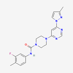 molecular formula C20H22FN7O B5406297 N-(3-fluoro-4-methylphenyl)-4-[6-(3-methyl-1H-pyrazol-1-yl)-4-pyrimidinyl]-1-piperazinecarboxamide 