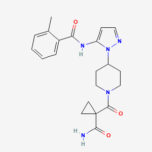 molecular formula C21H25N5O3 B5415859 N-[1-(1-{[1-(aminocarbonyl)cyclopropyl]carbonyl}piperidin-4-yl)-1H-pyrazol-5-yl]-2-methylbenzamide 