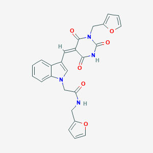 N-(furan-2-ylmethyl)-2-[3-[(E)-[1-(furan-2-ylmethyl)-2,4,6-trioxo-1,3-diazinan-5-ylidene]methyl]indol-1-yl]acetamide