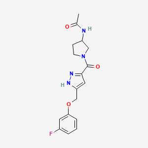 molecular formula C17H19FN4O3 B5422377 N-[1-({5-[(3-fluorophenoxy)methyl]-1H-pyrazol-3-yl}carbonyl)pyrrolidin-3-yl]acetamide 
