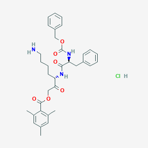 molecular formula C34H42ClN3O6 B054295 [(3S)-7-amino-2-oxo-3-[[(2S)-3-phenyl-2-(phenylmethoxycarbonylamino)propanoyl]amino]heptyl] 2,4,6-trimethylbenzoate;hydrochloride CAS No. 118237-69-7