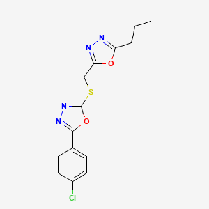 molecular formula C14H13ClN4O2S B5431121 2-(4-chlorophenyl)-5-{[(5-propyl-1,3,4-oxadiazol-2-yl)methyl]thio}-1,3,4-oxadiazole 