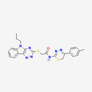 molecular formula C24H23N7OS2 B5460212 N-[5-(4-Methylphenyl)-6H-1,3,4-thiadiazin-2-YL]-2-({5-propyl-5H-[1,2,4]triazino[5,6-B]indol-3-YL}sulfanyl)acetamide 