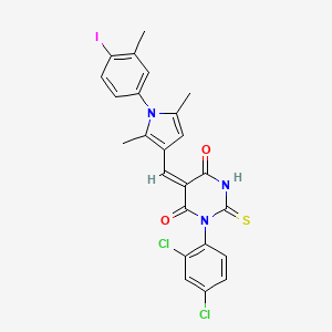 molecular formula C24H18Cl2IN3O2S B5471451 (5E)-1-(2,4-dichlorophenyl)-5-{[1-(4-iodo-3-methylphenyl)-2,5-dimethyl-1H-pyrrol-3-yl]methylidene}-2-thioxodihydropyrimidine-4,6(1H,5H)-dione 