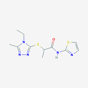 molecular formula C11H15N5OS2 B5483853 2-[(4-ethyl-5-methyl-4H-1,2,4-triazol-3-yl)sulfanyl]-N-(1,3-thiazol-2-yl)propanamide 