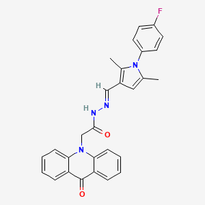 molecular formula C28H23FN4O2 B5493457 N'-[(E)-[1-(4-Fluorophenyl)-2,5-dimethyl-1H-pyrrol-3-YL]methylidene]-2-(9-oxo-9,10-dihydroacridin-10-YL)acetohydrazide 