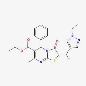 molecular formula C22H22N4O3S B5496960 ETHYL 2-[(E)-1-(1-ETHYL-1H-PYRAZOL-4-YL)METHYLIDENE]-7-METHYL-3-OXO-5-PHENYL-2,3-DIHYDRO-5H-[1,3]THIAZOLO[3,2-A]PYRIMIDINE-6-CARBOXYLATE 