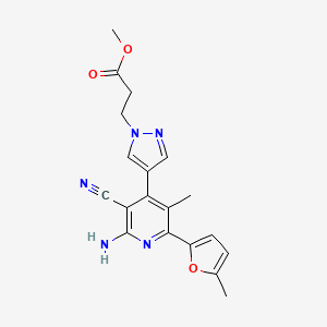 molecular formula C19H19N5O3 B5500043 methyl 3-{4-[2-amino-3-cyano-5-methyl-6-(5-methyl-2-furyl)pyridin-4-yl]-1H-pyrazol-1-yl}propanoate 