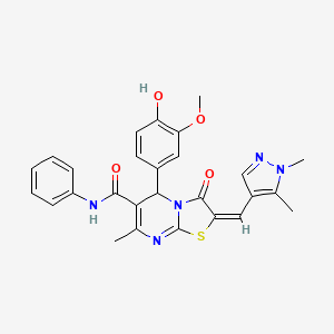 molecular formula C27H25N5O4S B5501555 2-[(E)-1-(1,5-DIMETHYL-1H-PYRAZOL-4-YL)METHYLIDENE]-5-(4-HYDROXY-3-METHOXYPHENYL)-7-METHYL-3-OXO-N-PHENYL-2,3-DIHYDRO-5H-[1,3]THIAZOLO[3,2-A]PYRIMIDINE-6-CARBOXAMIDE 