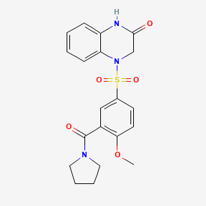 molecular formula C20H21N3O5S B5512432 4-{[4-methoxy-3-(pyrrolidin-1-ylcarbonyl)phenyl]sulfonyl}-3,4-dihydroquinoxalin-2(1H)-one 