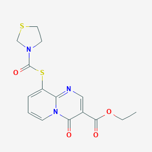 molecular formula C15H15N3O4S2 B055143 4H-Pyrido(1,2-a)pyrimidine-3-carboxylic acid, 4-oxo-9-((3-thiazolidinylcarbonyl)thio)-, ethyl ester CAS No. 125209-40-7