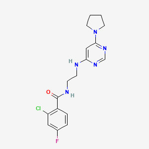 molecular formula C17H19ClFN5O B5515434 2-chloro-4-fluoro-N-(2-{[6-(1-pyrrolidinyl)-4-pyrimidinyl]amino}ethyl)benzamide 