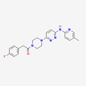 molecular formula C22H23FN6O B5516596 6-{4-[(4-fluorophenyl)acetyl]-1-piperazinyl}-N-(5-methyl-2-pyridinyl)-3-pyridazinamine 