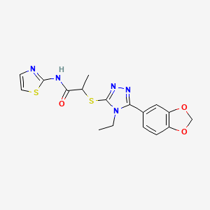 molecular formula C17H17N5O3S2 B5521156 2-{[5-(1,3-benzodioxol-5-yl)-4-ethyl-4H-1,2,4-triazol-3-yl]sulfanyl}-N-(1,3-thiazol-2-yl)propanamide 