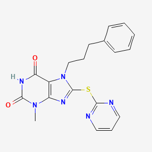 molecular formula C19H18N6O2S B5522537 3-METHYL-7-(3-PHENYLPROPYL)-8-(PYRIMIDIN-2-YLSULFANYL)-2,3,6,7-TETRAHYDRO-1H-PURINE-2,6-DIONE 