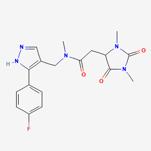 molecular formula C18H20FN5O3 B5531754 2-(1,3-dimethyl-2,5-dioxoimidazolidin-4-yl)-N-[[5-(4-fluorophenyl)-1H-pyrazol-4-yl]methyl]-N-methylacetamide 
