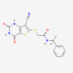 molecular formula C17H14N4O3S2 B5537787 2-[(7-cyano-2,4-dioxo-1H-thieno[3,2-d]pyrimidin-6-yl)sulfanyl]-N-(1-phenylethyl)acetamide 