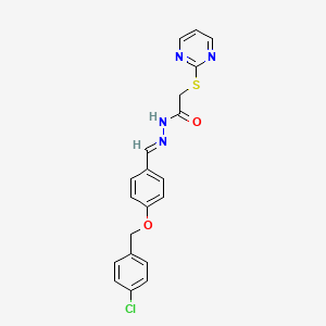 molecular formula C20H17ClN4O2S B5541231 N'-[(E)-{4-[(4-CHLOROPHENYL)METHOXY]PHENYL}METHYLIDENE]-2-(PYRIMIDIN-2-YLSULFANYL)ACETOHYDRAZIDE 