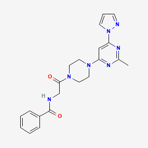molecular formula C21H23N7O2 B5542869 N-(2-{4-[2-methyl-6-(1H-pyrazol-1-yl)-4-pyrimidinyl]-1-piperazinyl}-2-oxoethyl)benzamide 
