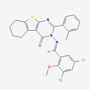 molecular formula C25H21Cl2N3O2S B5544229 3-{[(E)-(3,5-dichloro-2-methoxyphenyl)methylidene]amino}-2-(2-methylphenyl)-5,6,7,8-tetrahydro[1]benzothieno[2,3-d]pyrimidin-4(3H)-one 