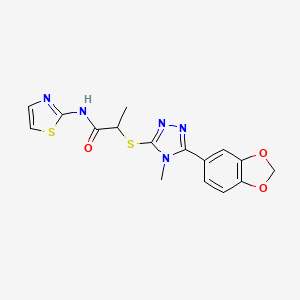 molecular formula C16H15N5O3S2 B5545172 2-{[5-(1,3-benzodioxol-5-yl)-4-methyl-4H-1,2,4-triazol-3-yl]sulfanyl}-N-(1,3-thiazol-2-yl)propanamide 