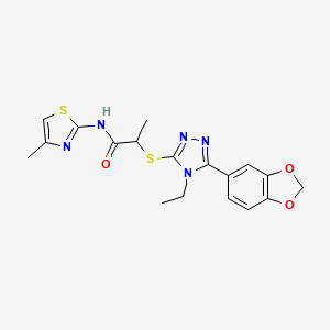 molecular formula C18H19N5O3S2 B5546116 2-{[5-(1,3-benzodioxol-5-yl)-4-ethyl-4H-1,2,4-triazol-3-yl]sulfanyl}-N-(4-methyl-1,3-thiazol-2-yl)propanamide 