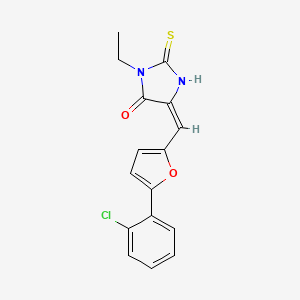 molecular formula C16H13ClN2O2S B5557183 5-{(E)-1-[5-(2-CHLOROPHENYL)-2-FURYL]METHYLIDENE}-3-ETHYL-2-THIOXOTETRAHYDRO-4H-IMIDAZOL-4-ONE 